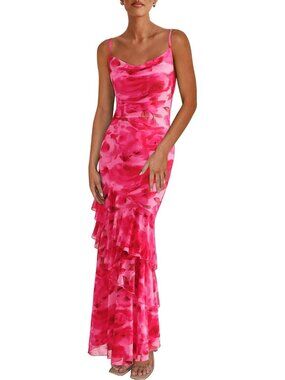 Women's Pink Maxi Dresses Summer Tiered Floral Beach Sundress Spaghetti Strap